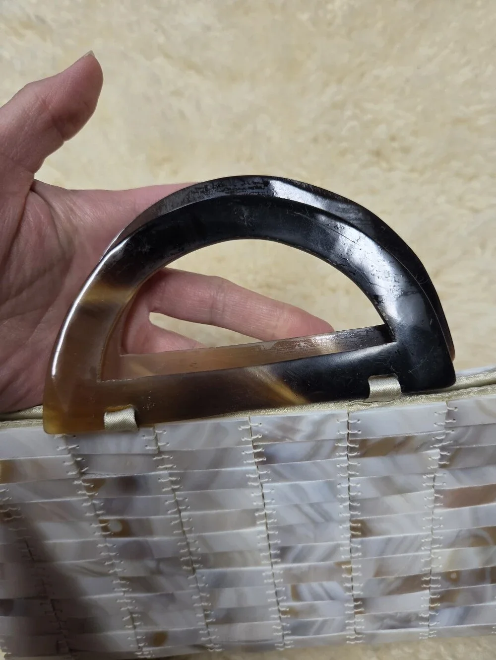 Mad Bags Mother of Pearl Tile Purse Tortoise Handle Shell Clutch Bag MOP Y2K
